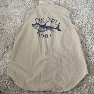 Vintage POLO Ralph Lauren Shirt Mens L Sleveless Khaki Ocean Camp Shark Cut-Off